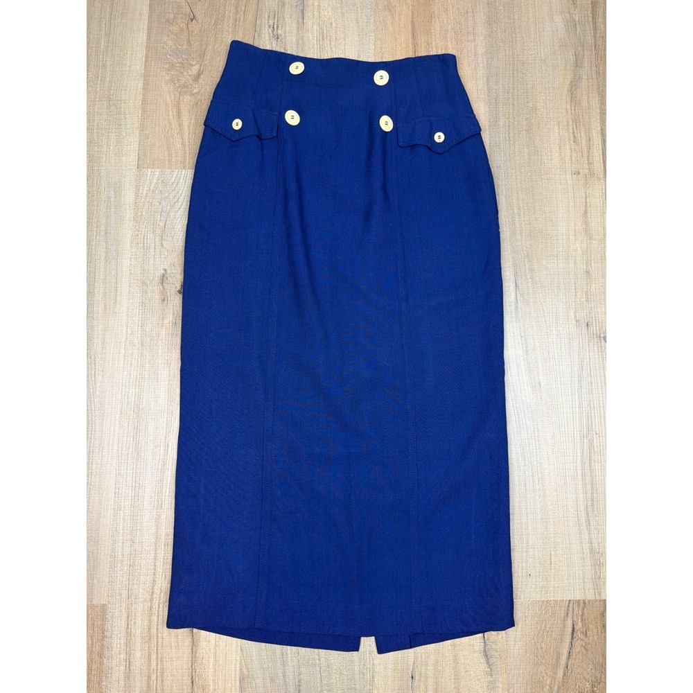 Vintage Christian Dior 80s Navy Blue High Waisted Button Midi Skirt Size 6